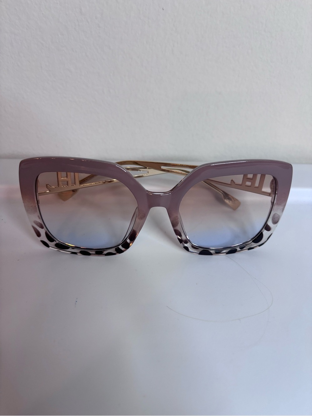 Oversized Square Sunglasses in Light Taupe with Leopard Trim - Picture 7 of 7